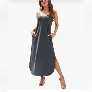 Huskary V Neck Strappy Split Loose Cami midi Dress with Pocket size small